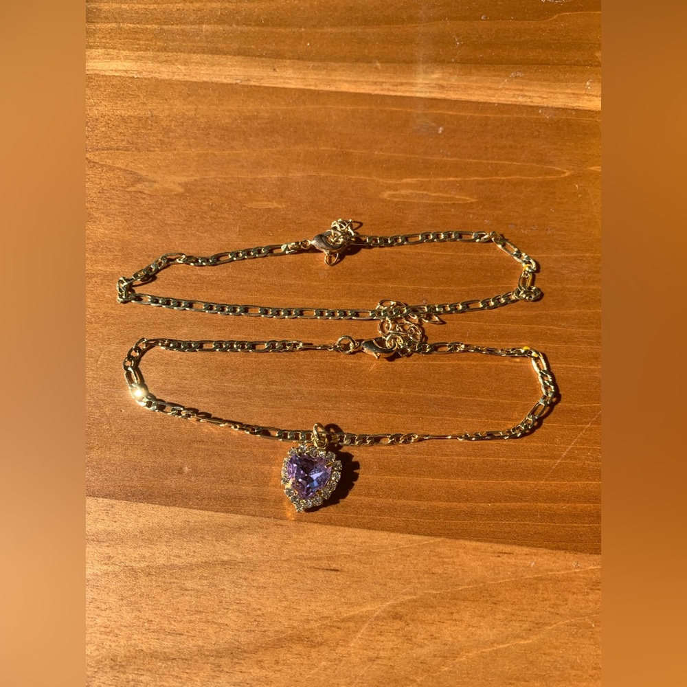Two Gold and Purple Heart Pendant Ankle Bracelet